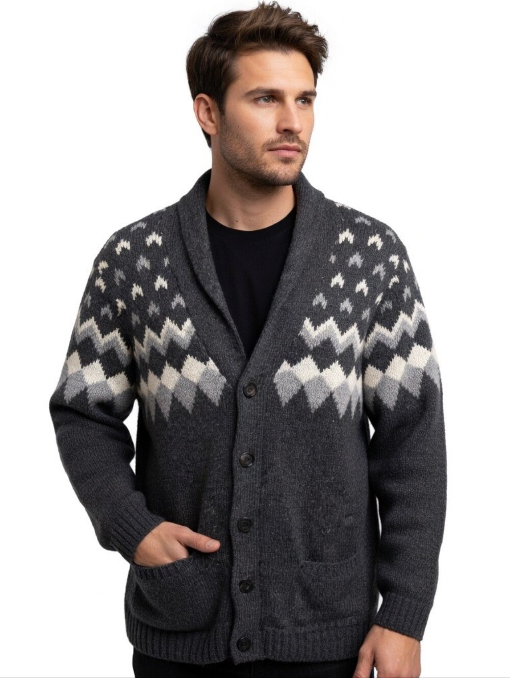 Denver Hayes Men's Grey Charcoal Fisherman Cottagecore Cardigan Sweater Size L